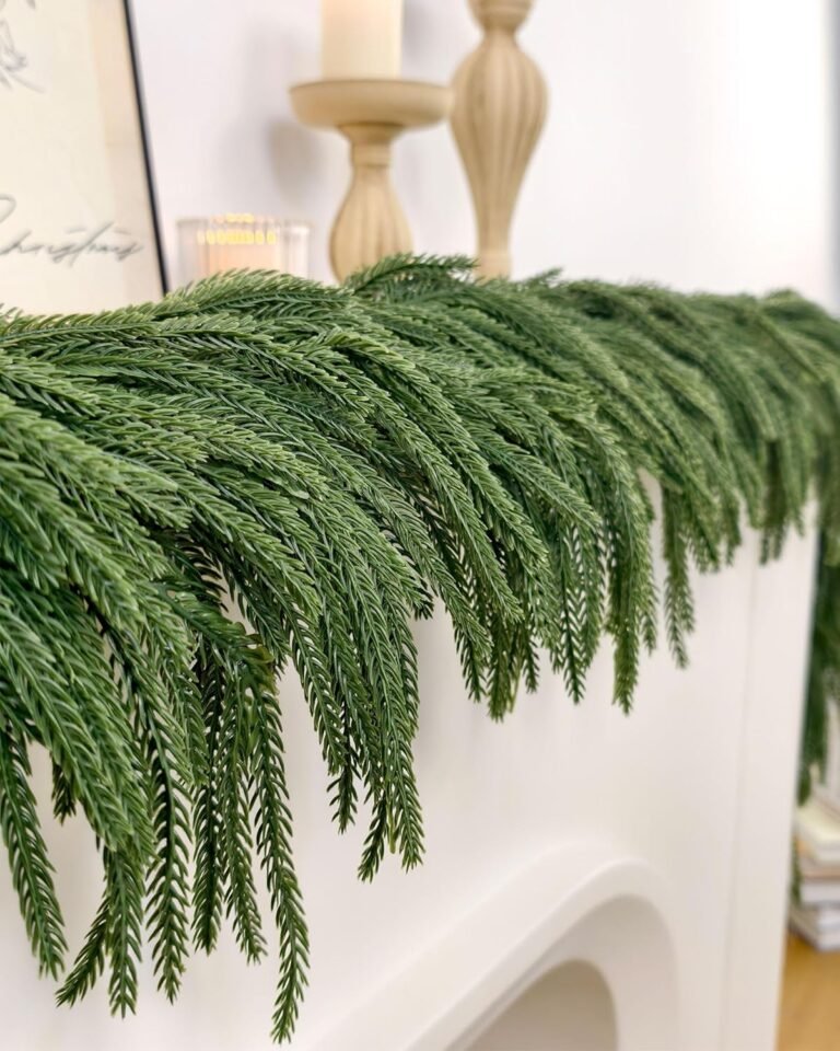 6ft christmas decorations with Lights, Norfolk Pine Garland, Realistic Green Garlands for Mantle, Stair Railing, Battery Operated Indoor/Outdoor New Year Holiday Decoration with 6 christmas decorations