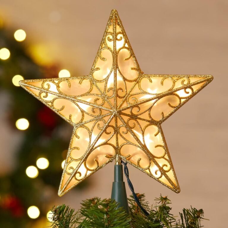 Christmas Tree Topper, 9.5 in Plug in Golden Glittered 3D Star Tree Topper, Metal Hollow Designed Built-in 10 Bulbs String Lights for Indoor Office Christmas New Year Holiday 5 Christmas Tree