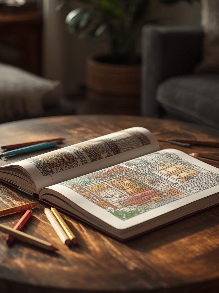 coloring book cozy designs for relaxation, hygge spaces