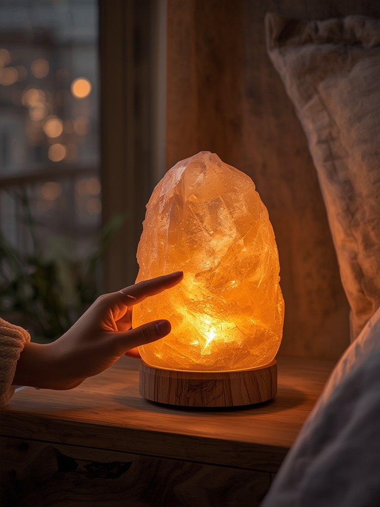 Close-up of natural Himalayan salt crystal lamp on wooden base