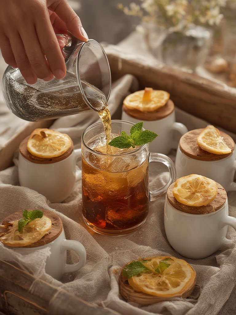 glass coffee mugs—iced coffee in clear, embossed vintage mugs with bamboo lids