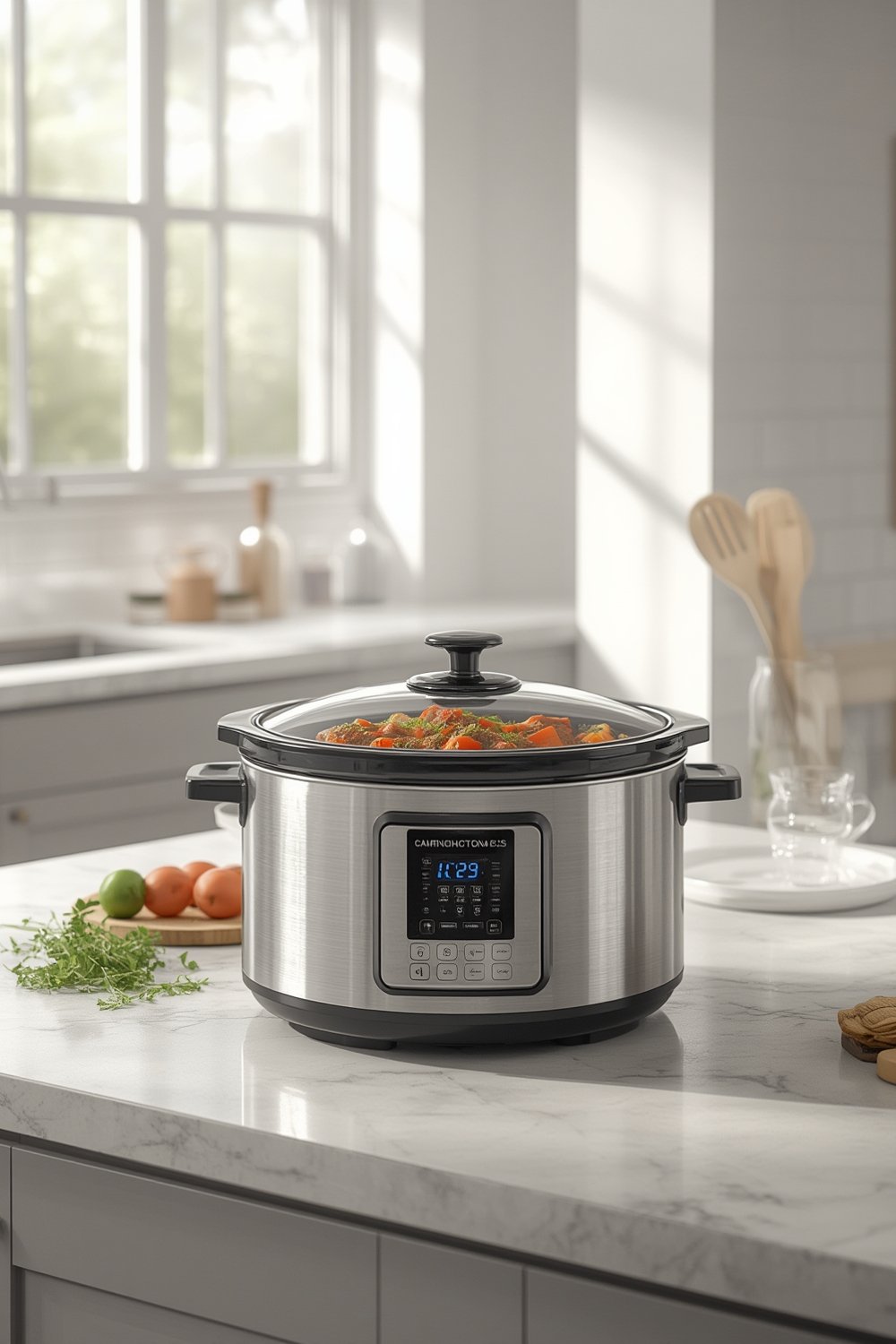 slow cooker prepping hearty family dinner in kitchen