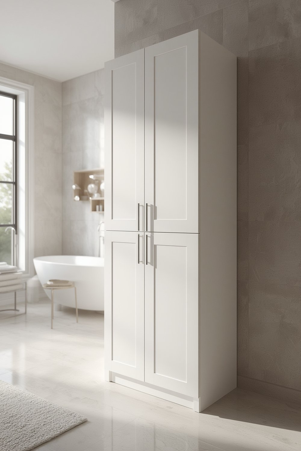 tall cabinet in modern bathroom setup